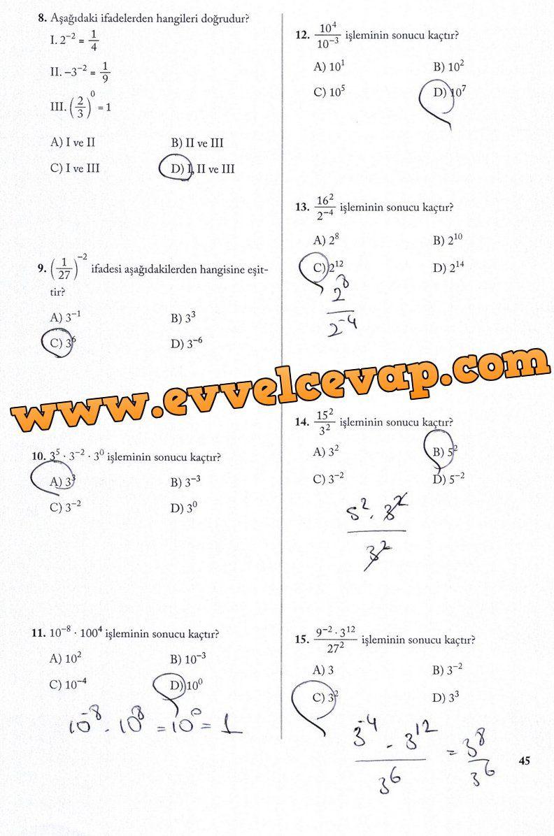 8 Sınıf Ekoyay Yayıncılık Matematik Ders Kitabı Sayfa 45 Cevabı