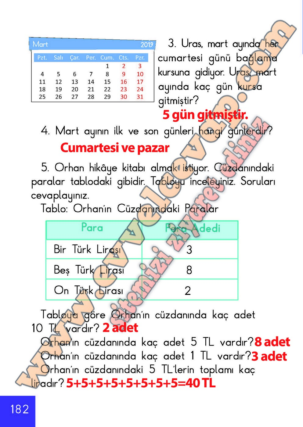 1 Sınıf Matematik Meb Yayınları Ders Kitabı Cevapları Sayfa 182