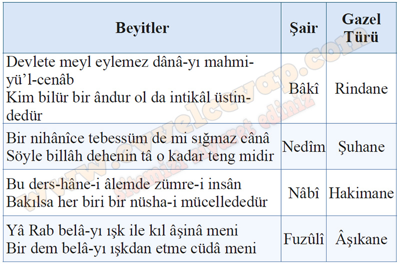 Aşağıdaki tabloda farklı gazellerden alınan beyitler verilmiştir Bilgi