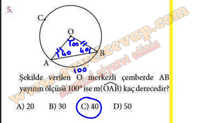 Şekilde verilen O merkezli çemberde AB yayının ölçüsü 100 ise m OAB