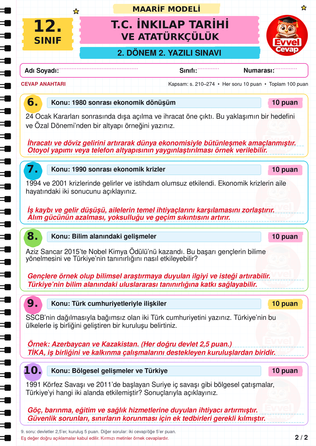 12. Sınıf İnkılap Tarihi 2. Dönem 2. Yazılı Soruları - Sayfa 2