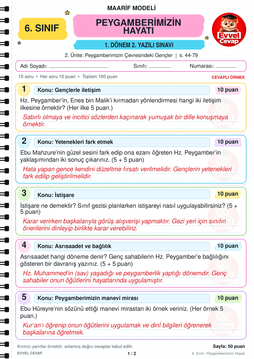 6. Sınıf Peygamberimizin Hayatı 1. Dönem 2. Yazılı Soruları - Sayfa 1