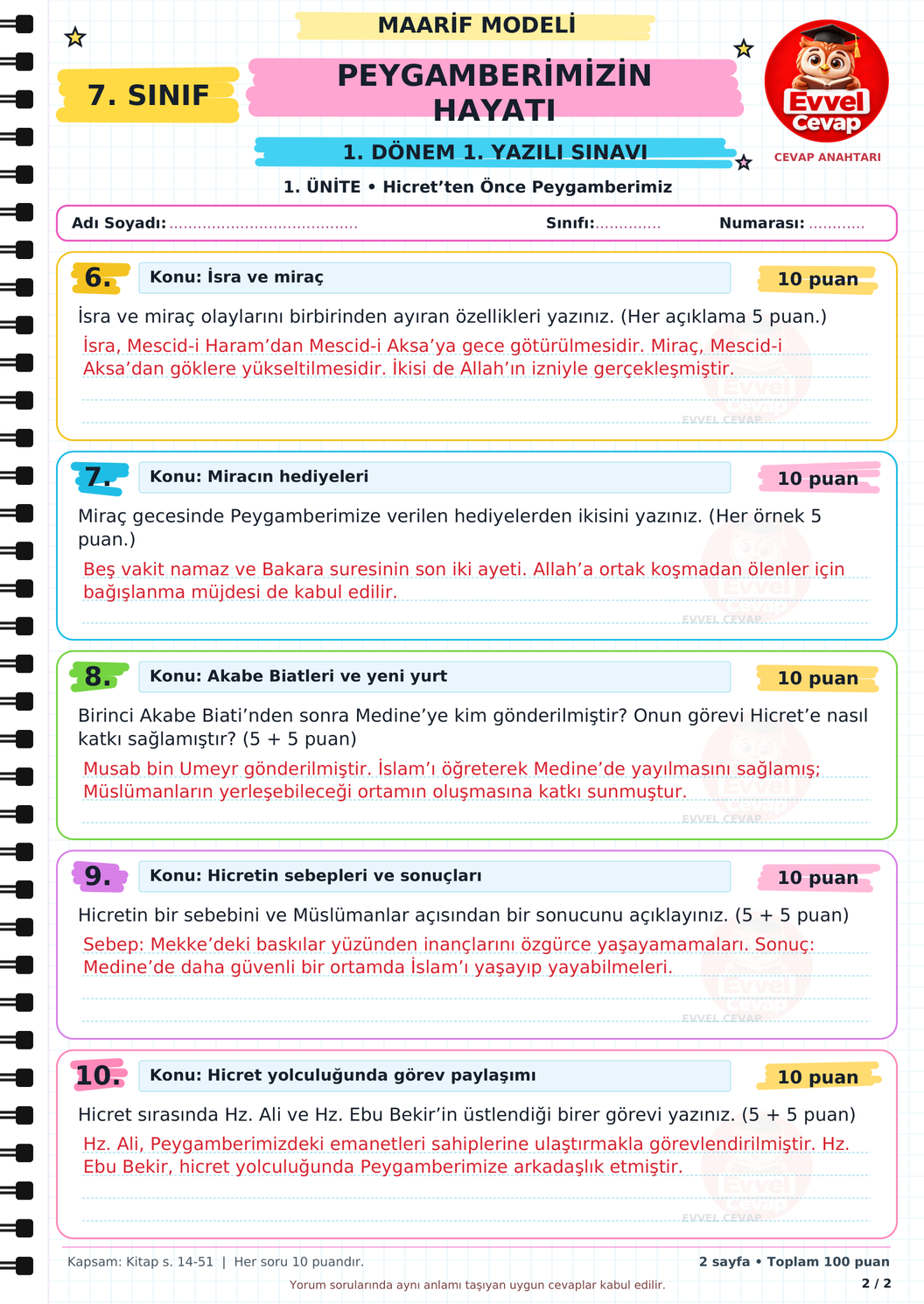 7. Sınıf Peygamberimizin Hayatı 1. Dönem 1. Yazılı Soruları - Sayfa 2