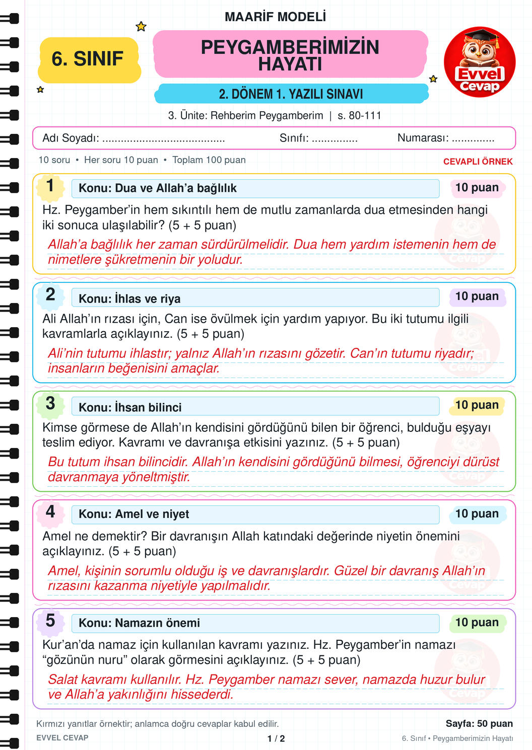 6. Sınıf Peygamberimizin Hayatı 2. Dönem 1. Yazılı Soruları - Sayfa 1