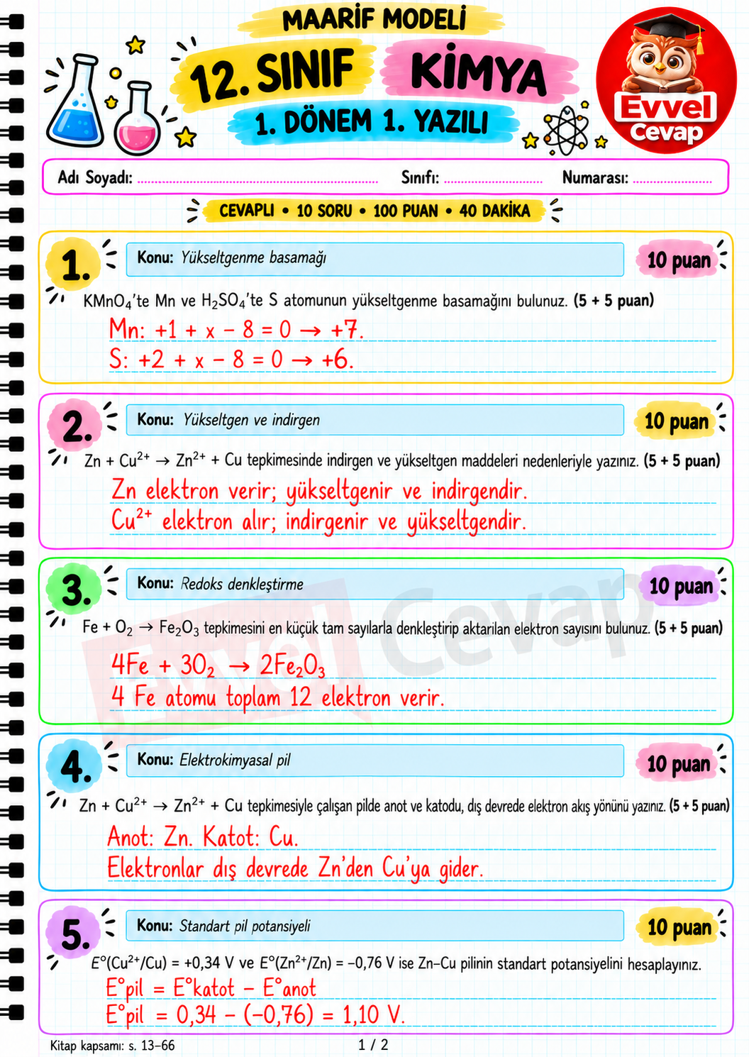 12. Sınıf Kimya 1. Dönem 1. Yazılı Soruları - Sayfa 1