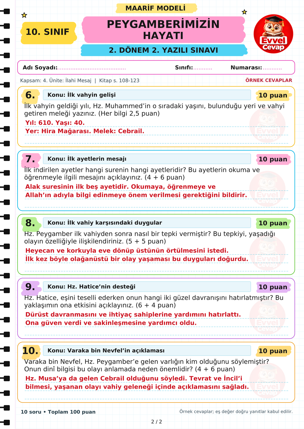 10. Sınıf Peygamberimizin Hayatı 2. Dönem 2. Yazılı Soruları - Sayfa 2
