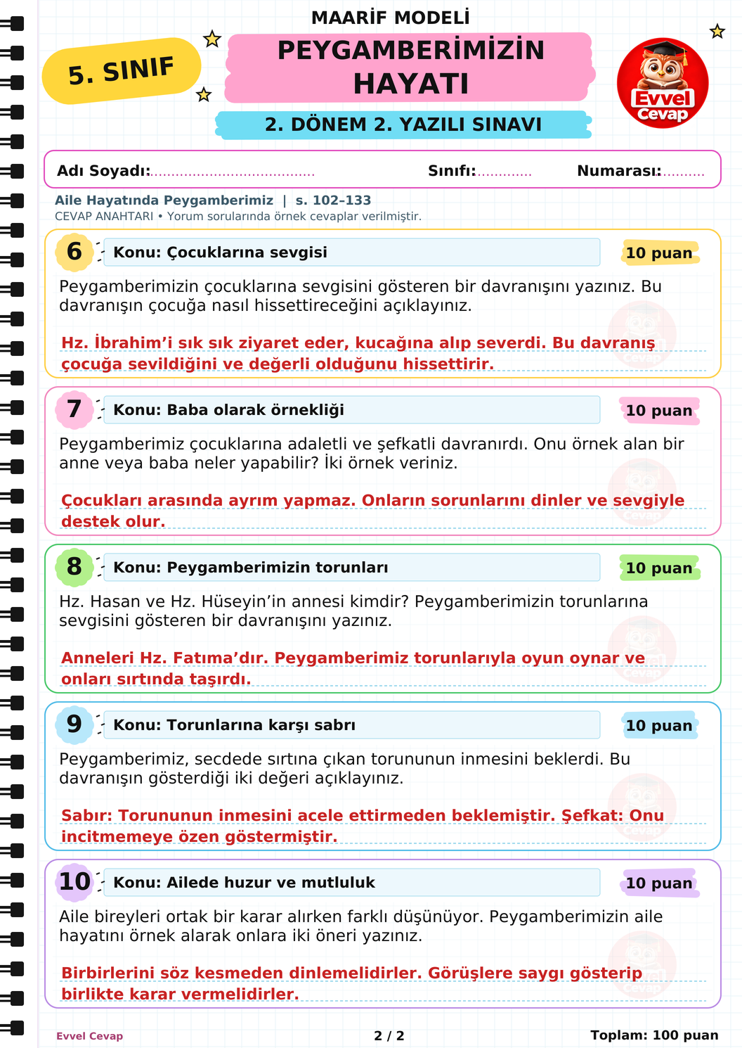 5. Sınıf Peygamberimizin Hayatı 2. Dönem 2. Yazılı Soruları - Sayfa 2