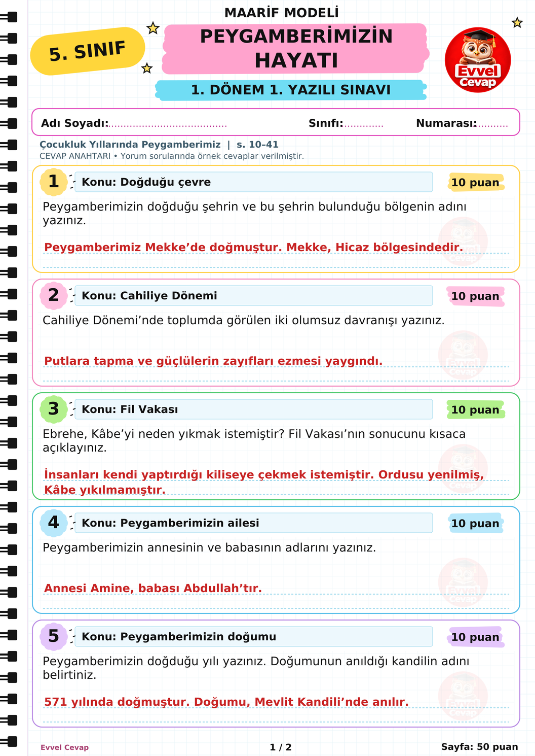 5. Sınıf Peygamberimizin Hayatı 1. Dönem 1. Yazılı Soruları - Sayfa 1