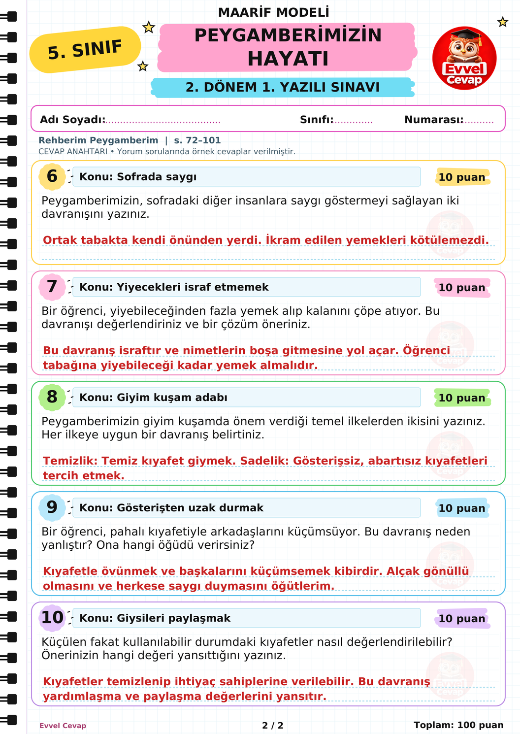 5. Sınıf Peygamberimizin Hayatı 2. Dönem 1. Yazılı Soruları - Sayfa 2