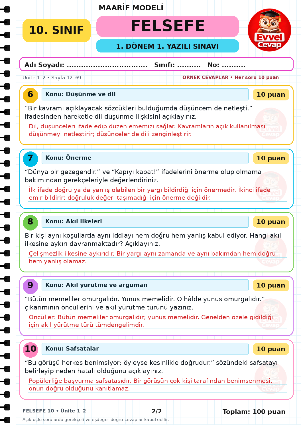 10. Sınıf Felsefe 1. Dönem 1. Yazılı Soruları - Sayfa 2