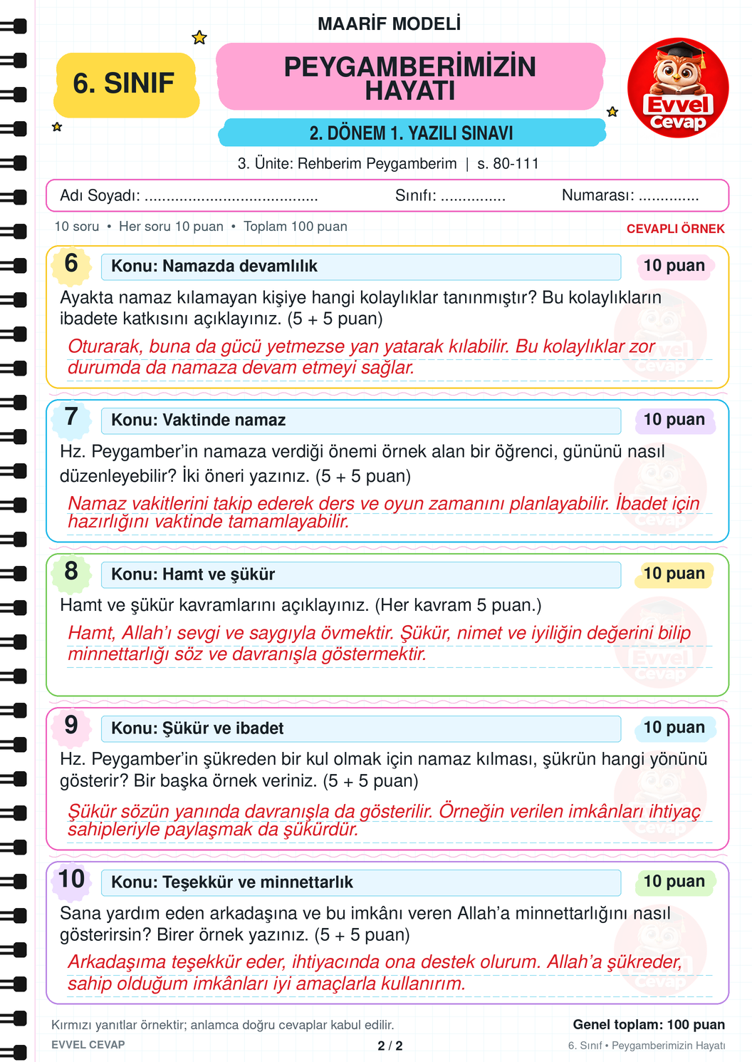 6. Sınıf Peygamberimizin Hayatı 2. Dönem 1. Yazılı Soruları - Sayfa 2