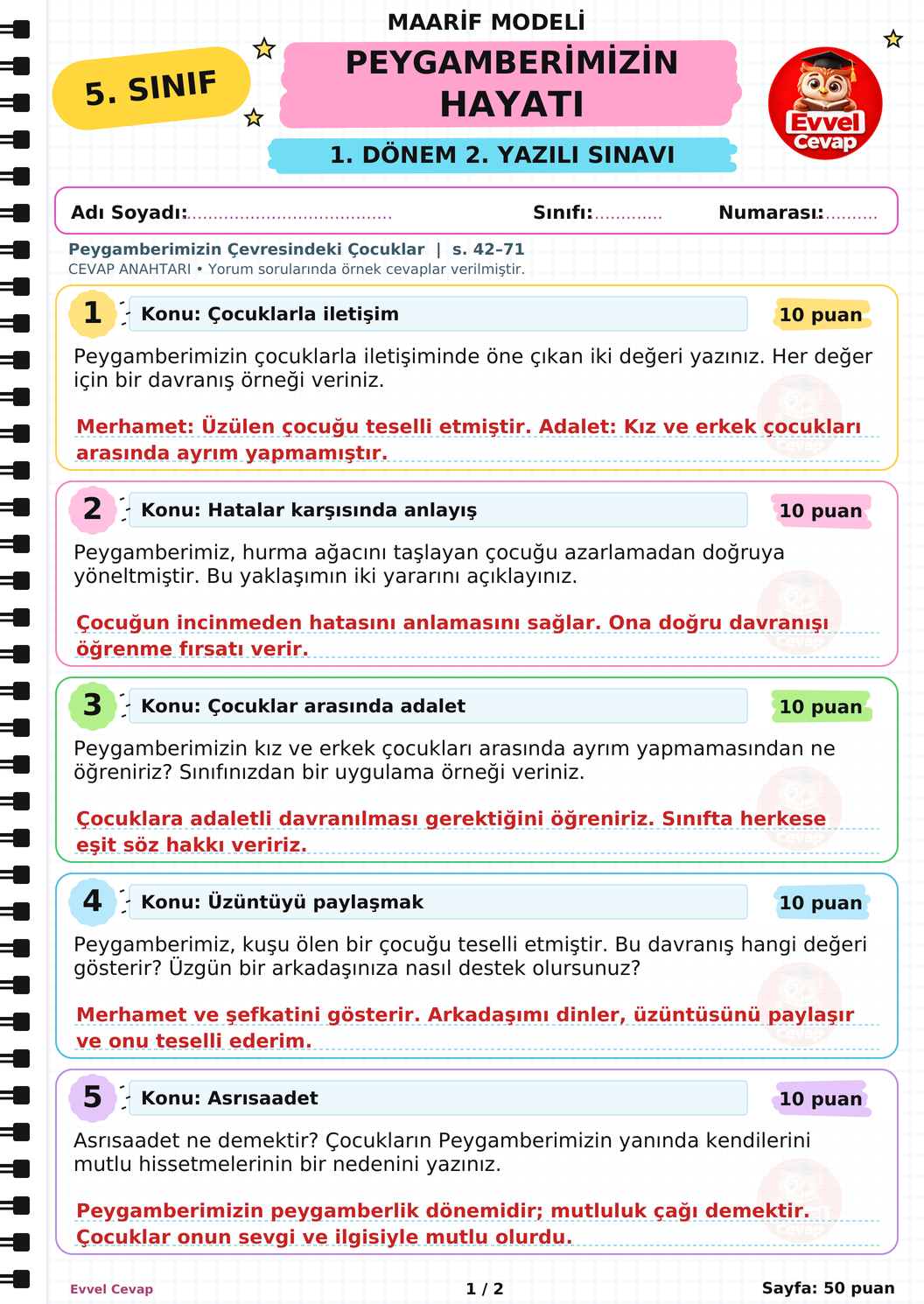 5. Sınıf Peygamberimizin Hayatı 1. Dönem 2. Yazılı Soruları - Sayfa 1