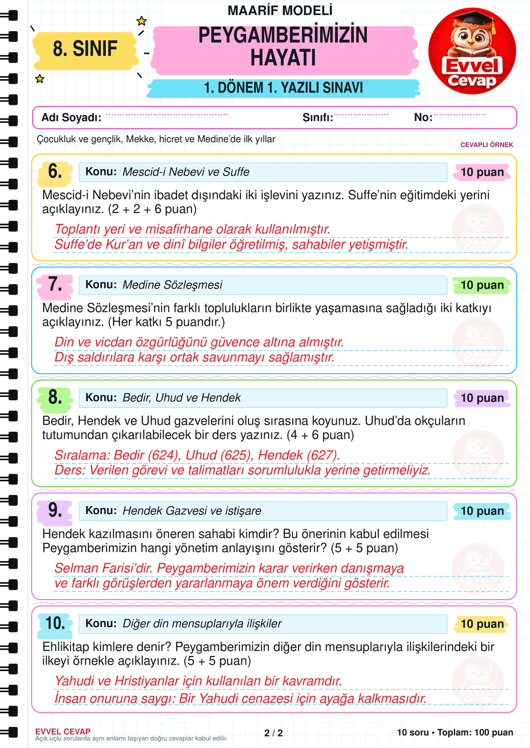 8. Sınıf Peygamberimizin Hayatı 1. Dönem 1. Yazılı Soruları - Sayfa 2
