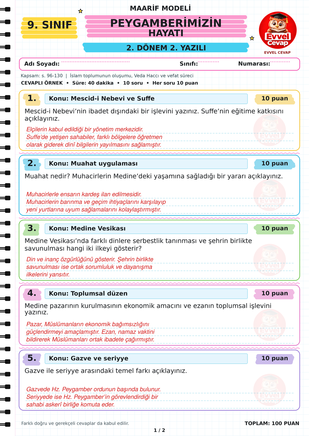 9. Sınıf Peygamberimizin Hayatı 2. Dönem 2. Yazılı Soruları - Sayfa 1