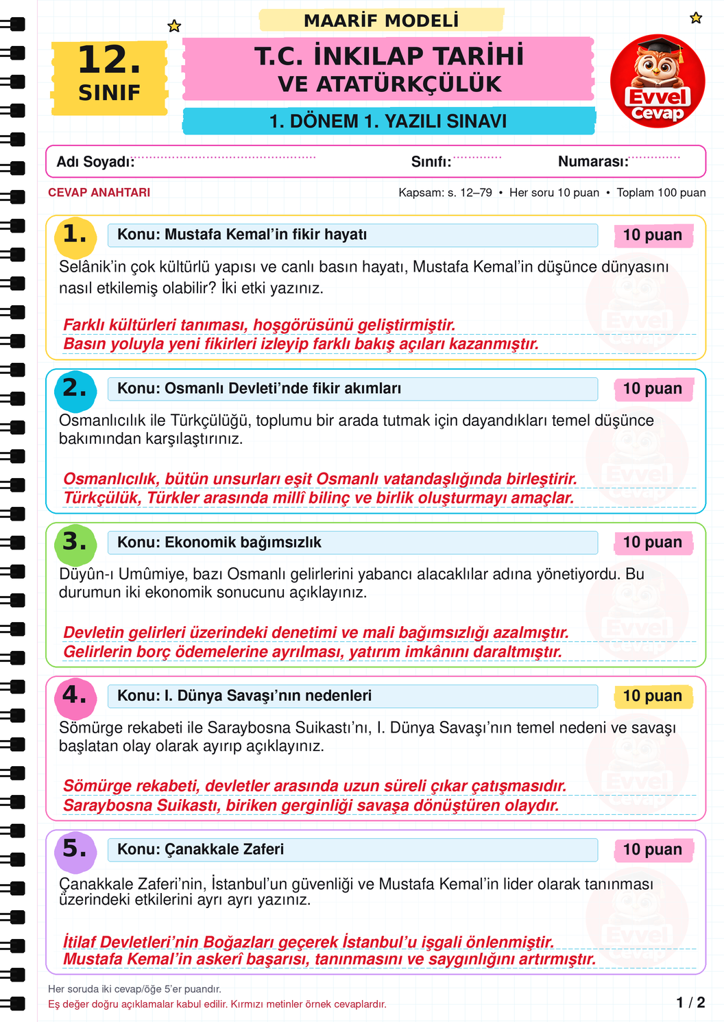 12. Sınıf İnkılap Tarihi 1. Dönem 1. Yazılı Soruları - Sayfa 1