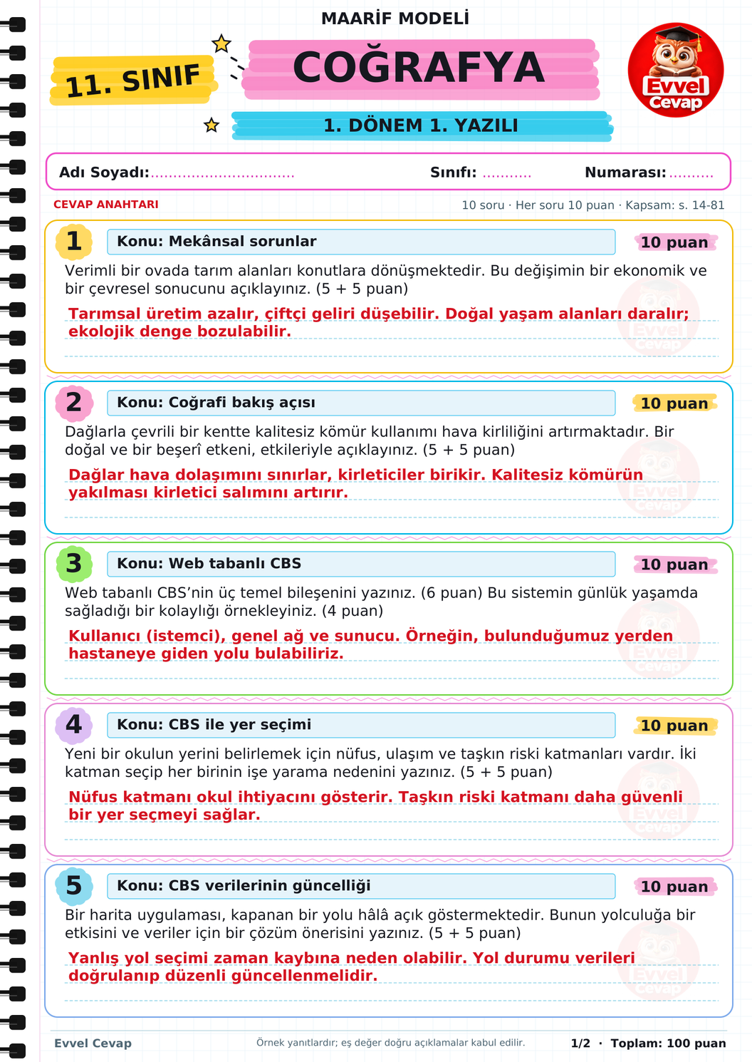 11. Sınıf Coğrafya 1. Dönem 1. Yazılı Soruları - Sayfa 1