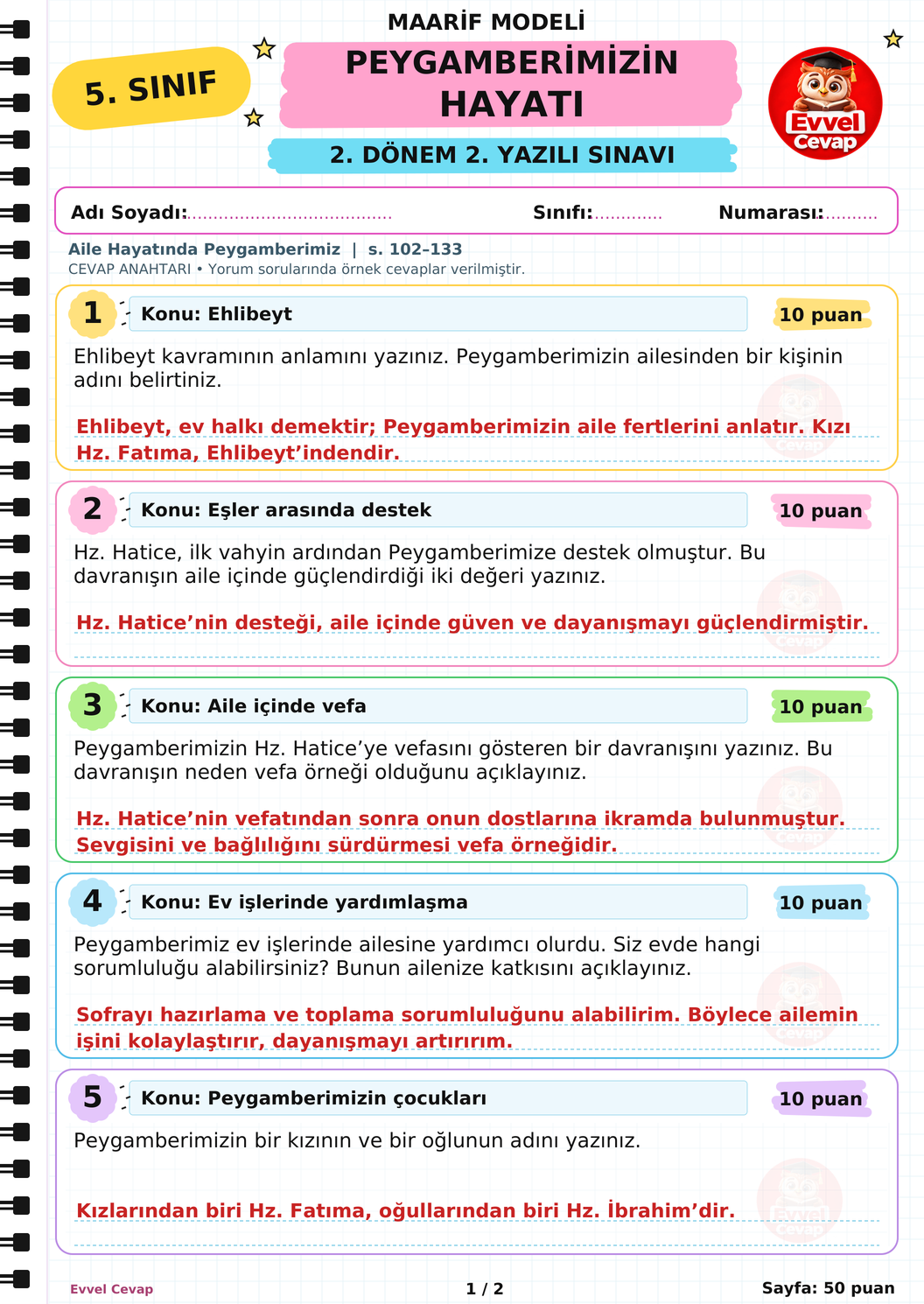 5. Sınıf Peygamberimizin Hayatı 2. Dönem 2. Yazılı Soruları - Sayfa 1