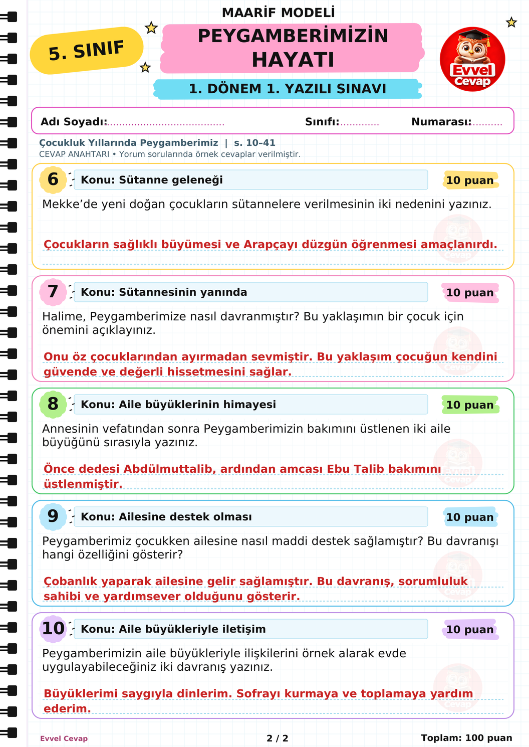 5. Sınıf Peygamberimizin Hayatı 1. Dönem 1. Yazılı Soruları - Sayfa 2