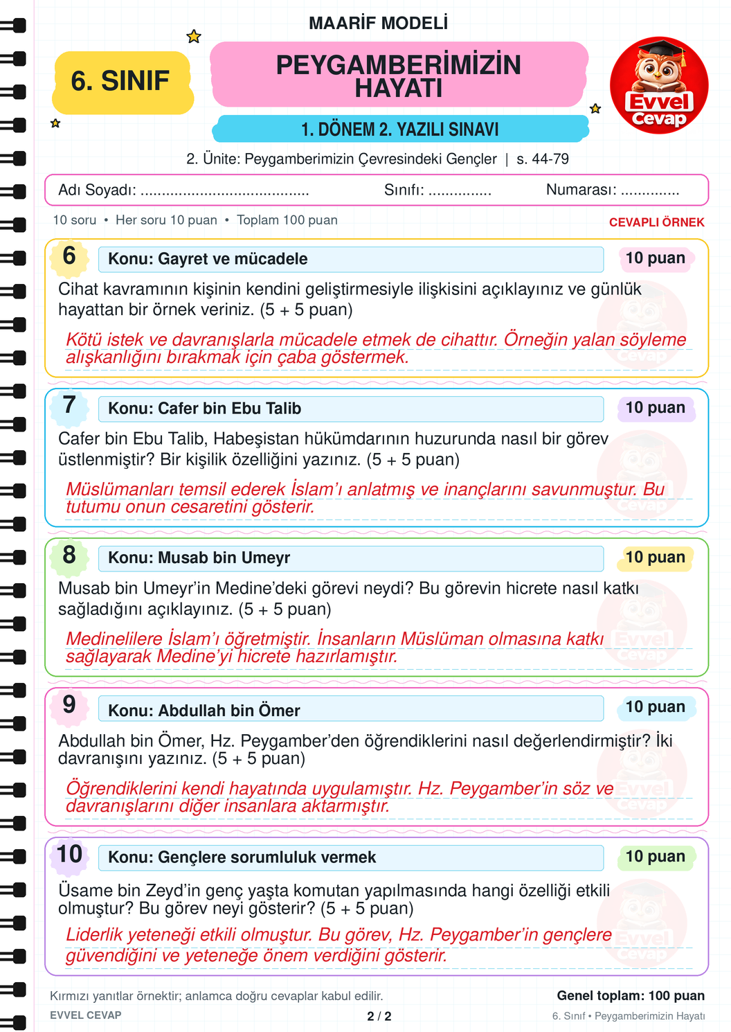 6. Sınıf Peygamberimizin Hayatı 1. Dönem 2. Yazılı Soruları - Sayfa 2
