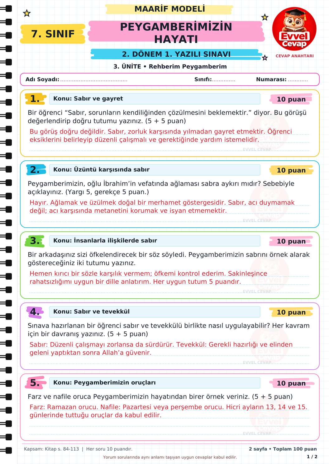 7. Sınıf Peygamberimizin Hayatı 2. Dönem 1. Yazılı Soruları - Sayfa 1