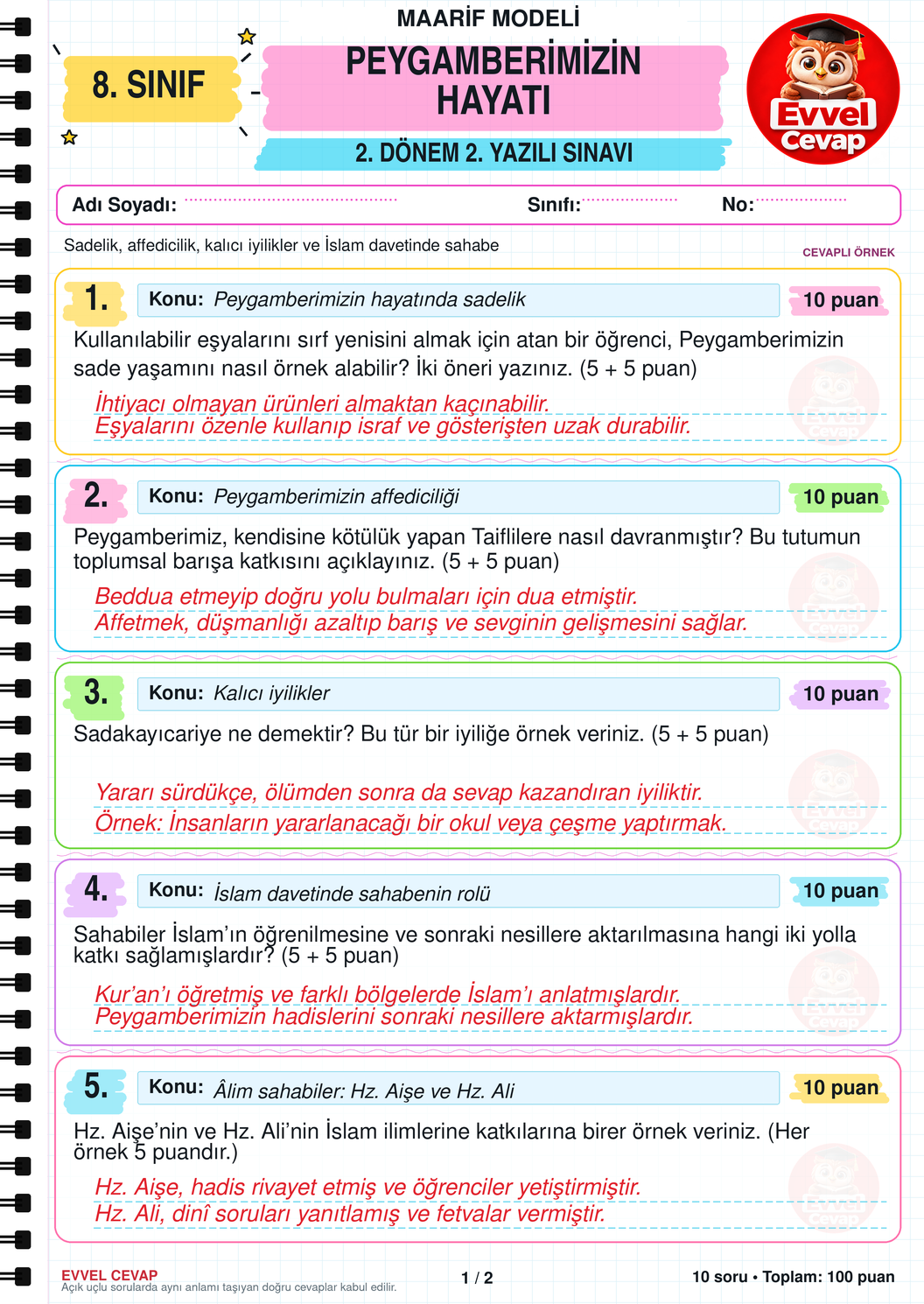 8. Sınıf Peygamberimizin Hayatı 2. Dönem 2. Yazılı Soruları - Sayfa 1