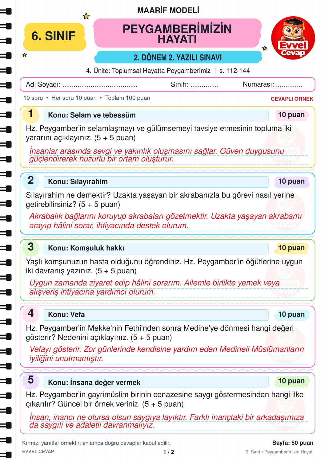 6. Sınıf Peygamberimizin Hayatı 2. Dönem 2. Yazılı Soruları - Sayfa 1