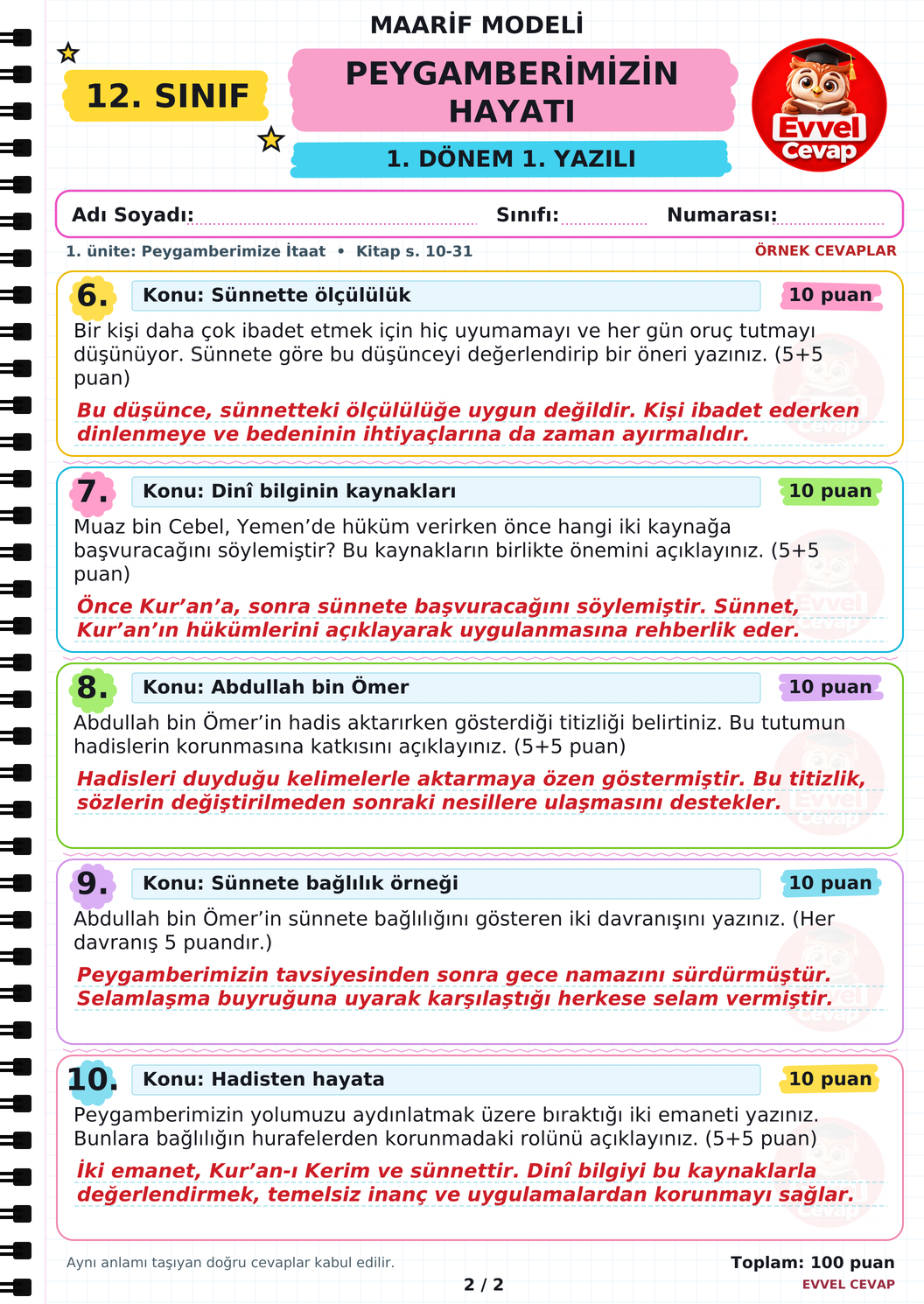 12. Sınıf Peygamberimizin Hayatı 1. Dönem 1. Yazılı Soruları - Sayfa 2
