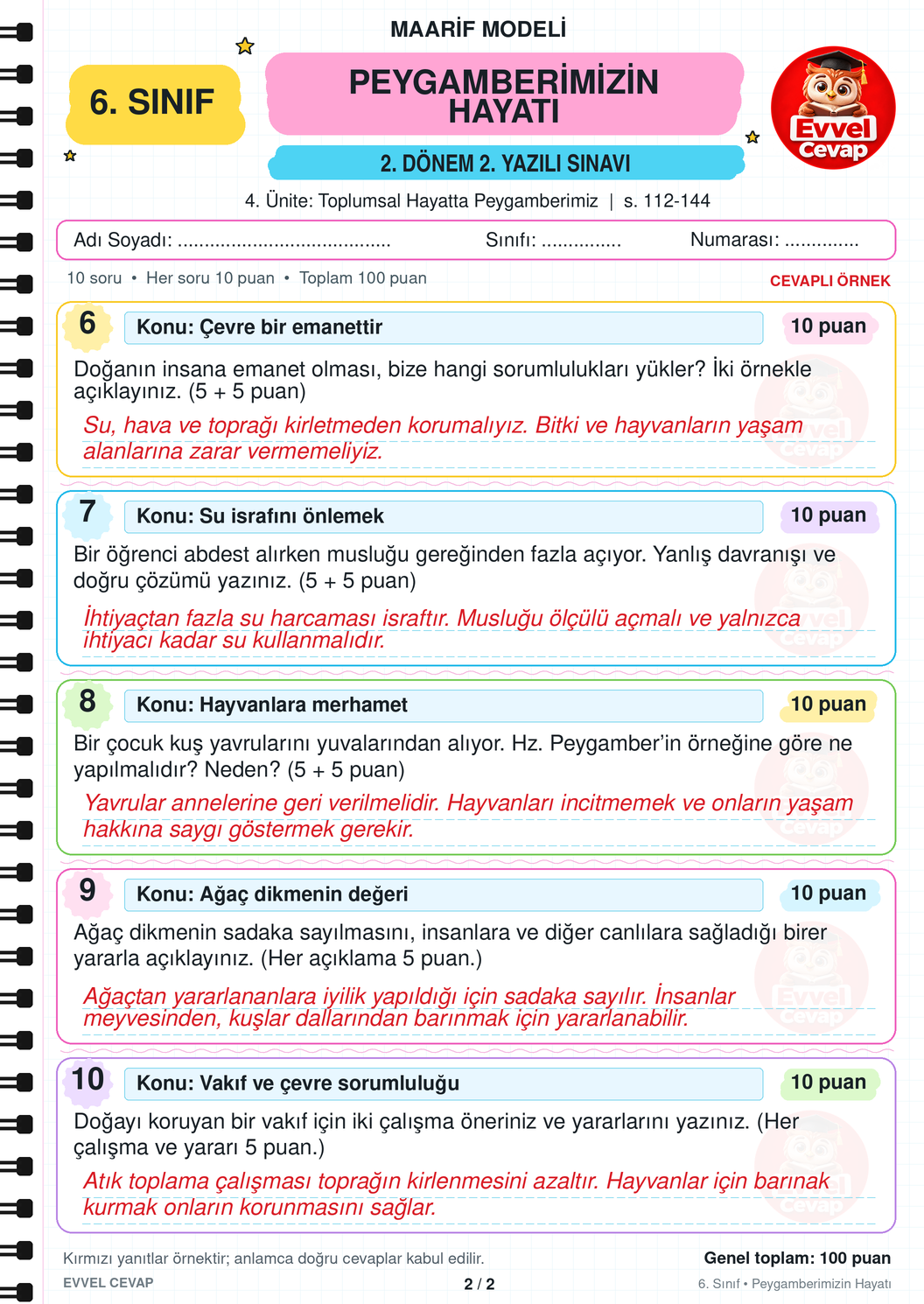 6. Sınıf Peygamberimizin Hayatı 2. Dönem 2. Yazılı Soruları - Sayfa 2