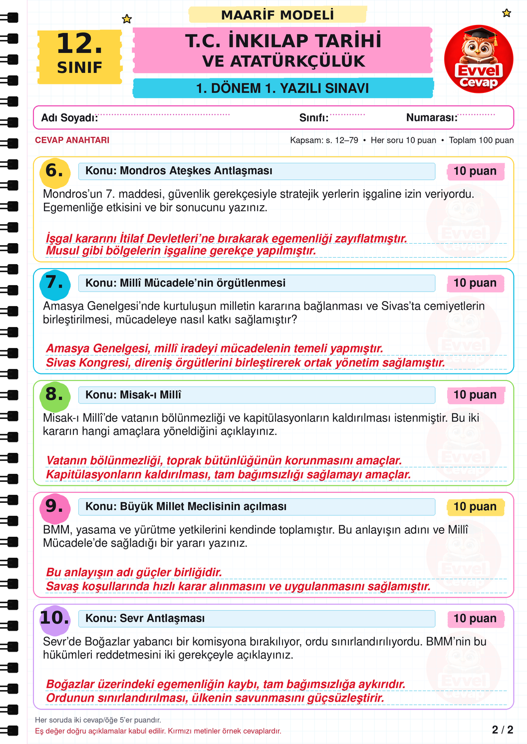 12. Sınıf İnkılap Tarihi 1. Dönem 1. Yazılı Soruları - Sayfa 2