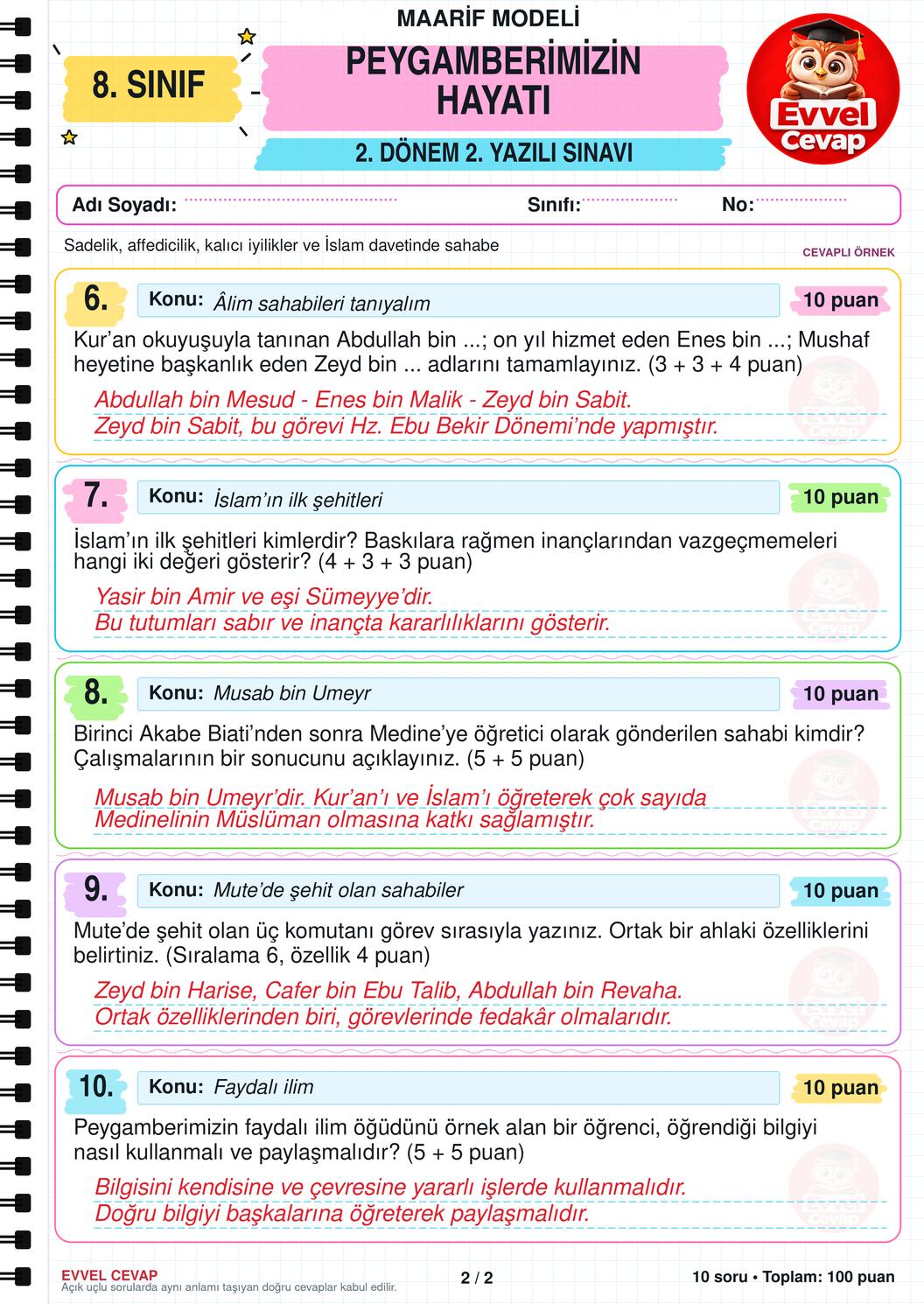 8. Sınıf Peygamberimizin Hayatı 2. Dönem 2. Yazılı Soruları - Sayfa 2