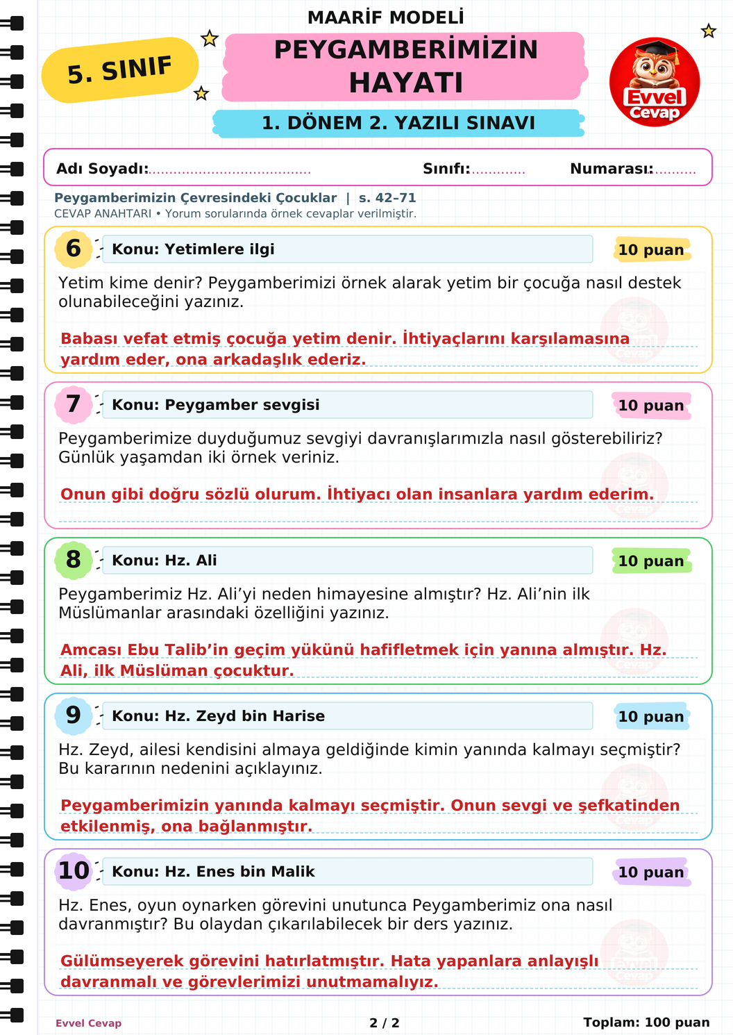 5. Sınıf Peygamberimizin Hayatı 1. Dönem 2. Yazılı Soruları - Sayfa 2