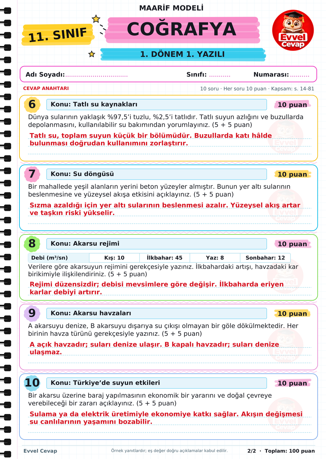 11. Sınıf Coğrafya 1. Dönem 1. Yazılı Soruları - Sayfa 2