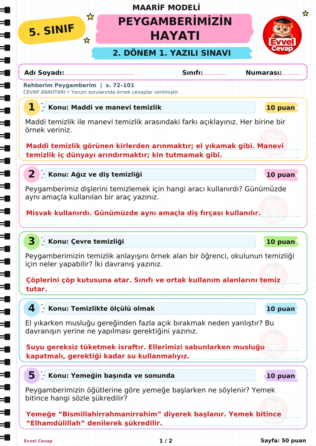 5. Sınıf Peygamberimizin Hayatı 2. Dönem 1. Yazılı Soruları - Sayfa 1