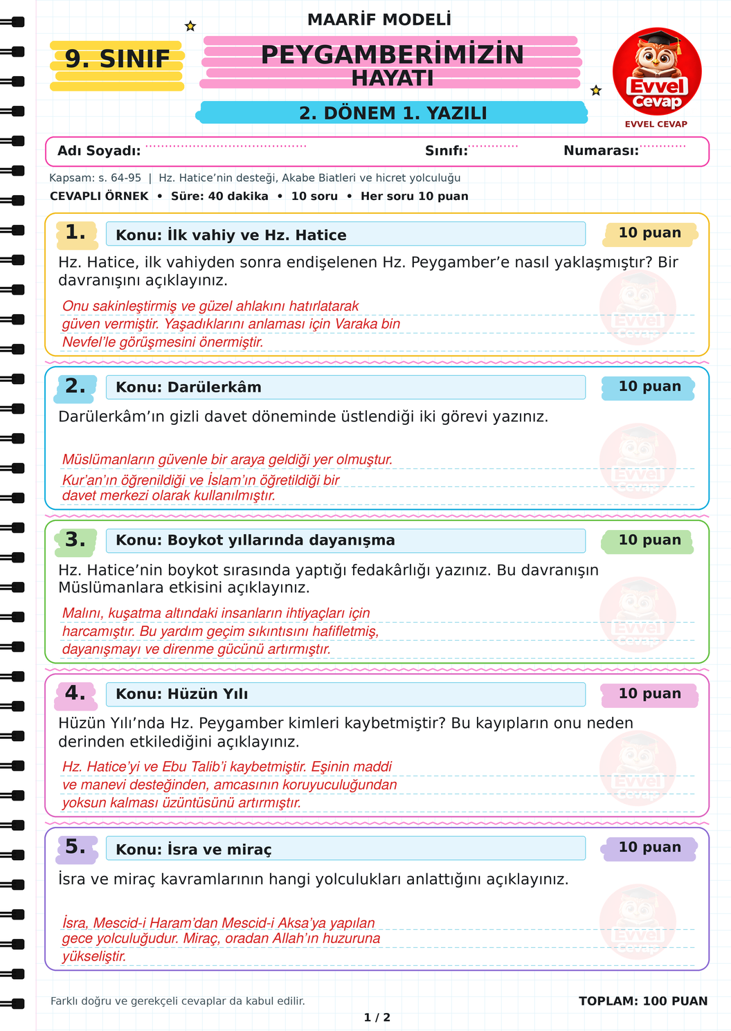 9. Sınıf Peygamberimizin Hayatı 2. Dönem 1. Yazılı Soruları - Sayfa 1