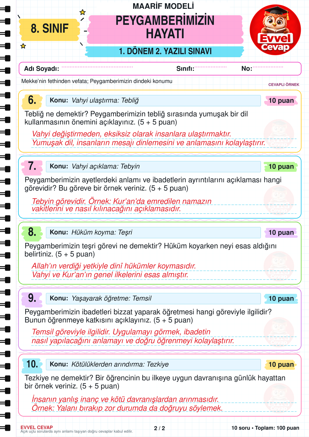8. Sınıf Peygamberimizin Hayatı 1. Dönem 2. Yazılı Soruları - Sayfa 2