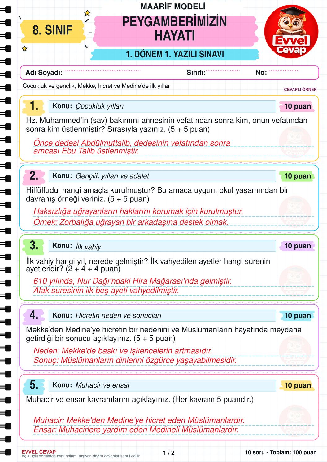 8. Sınıf Peygamberimizin Hayatı 1. Dönem 1. Yazılı Soruları - Sayfa 1