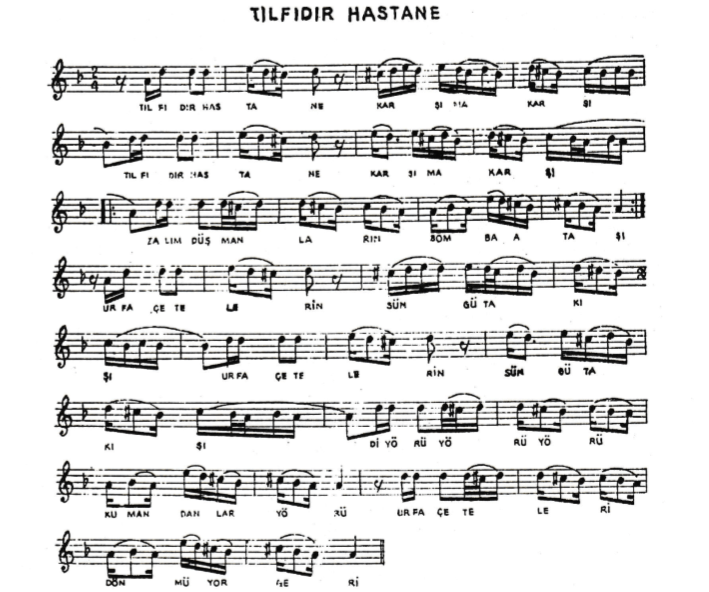 Tılfıdır Hastahane Karşıma Karşı Türküsü Notaları