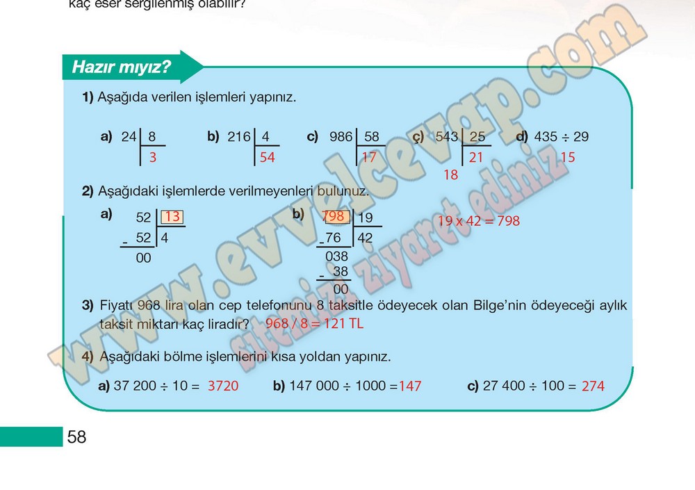 5. Sınıf Meb Yayınları Matematik Ders Kitabı Sayfa 58 Cevapları