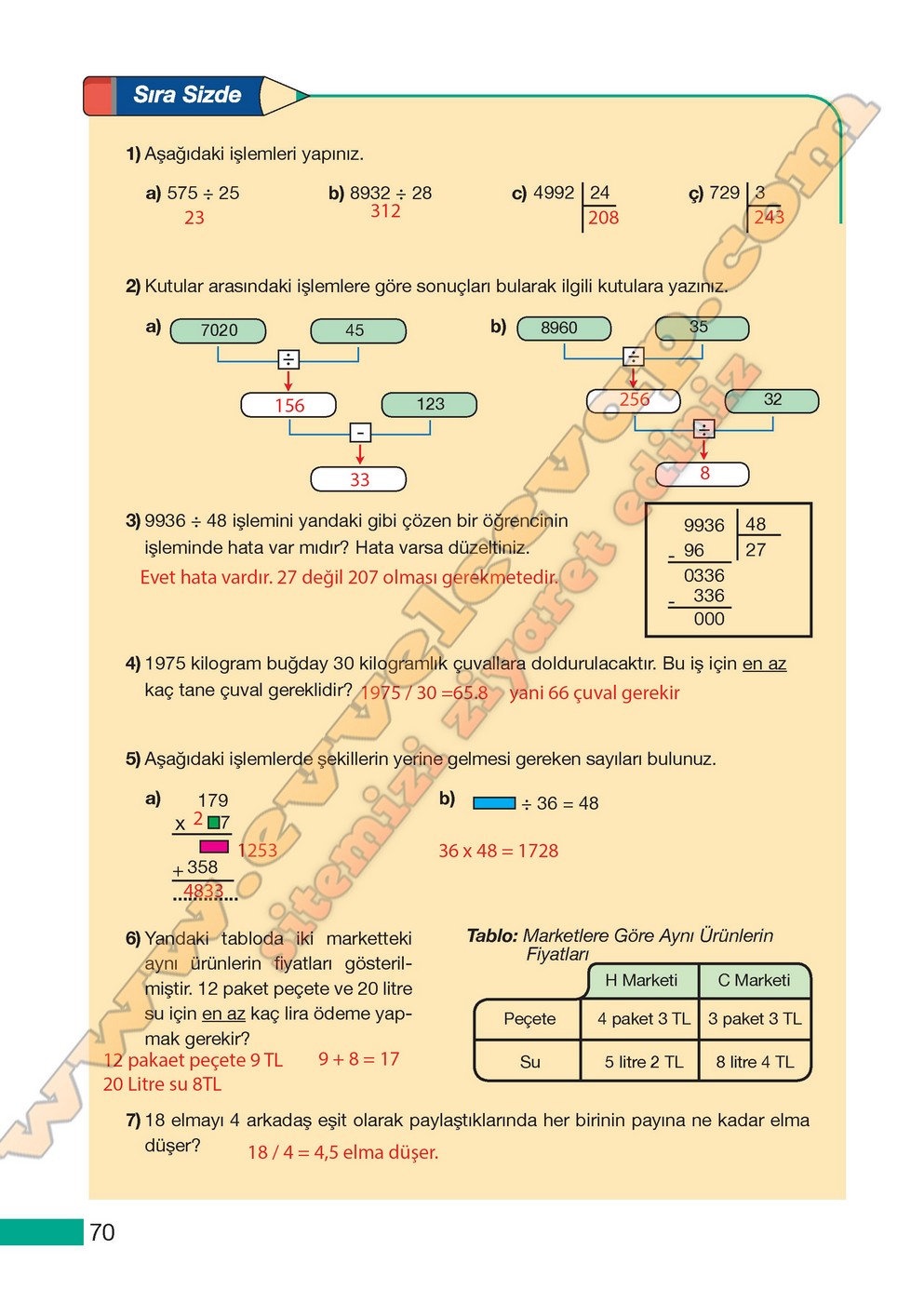 5. Sınıf Meb Yayınları Matematik Ders Kitabı Sayfa 70 Cevapları