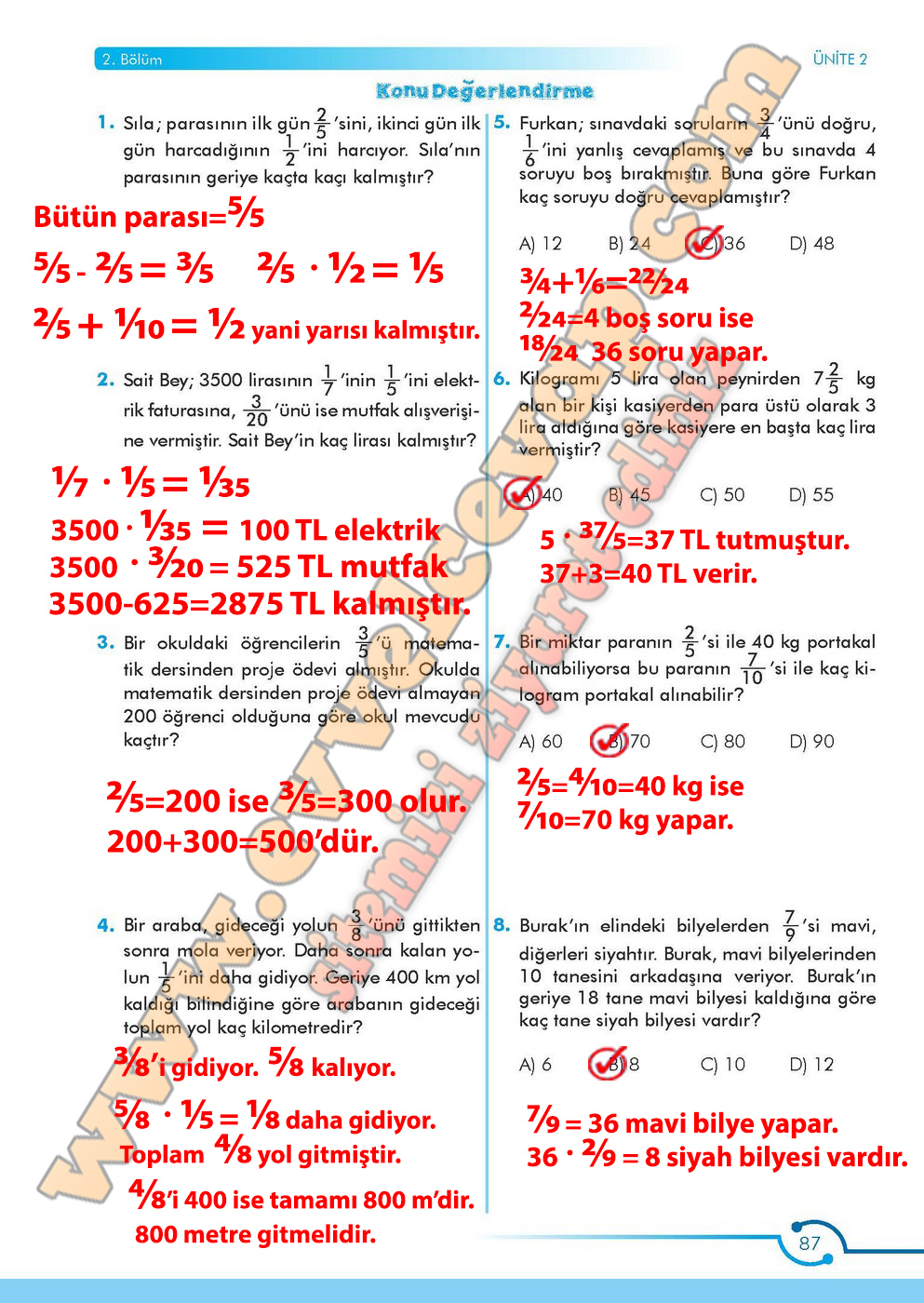 6. Sınıf Meb Yayınları Matematik Ders Kitabı Sayfa 87 Cevabı