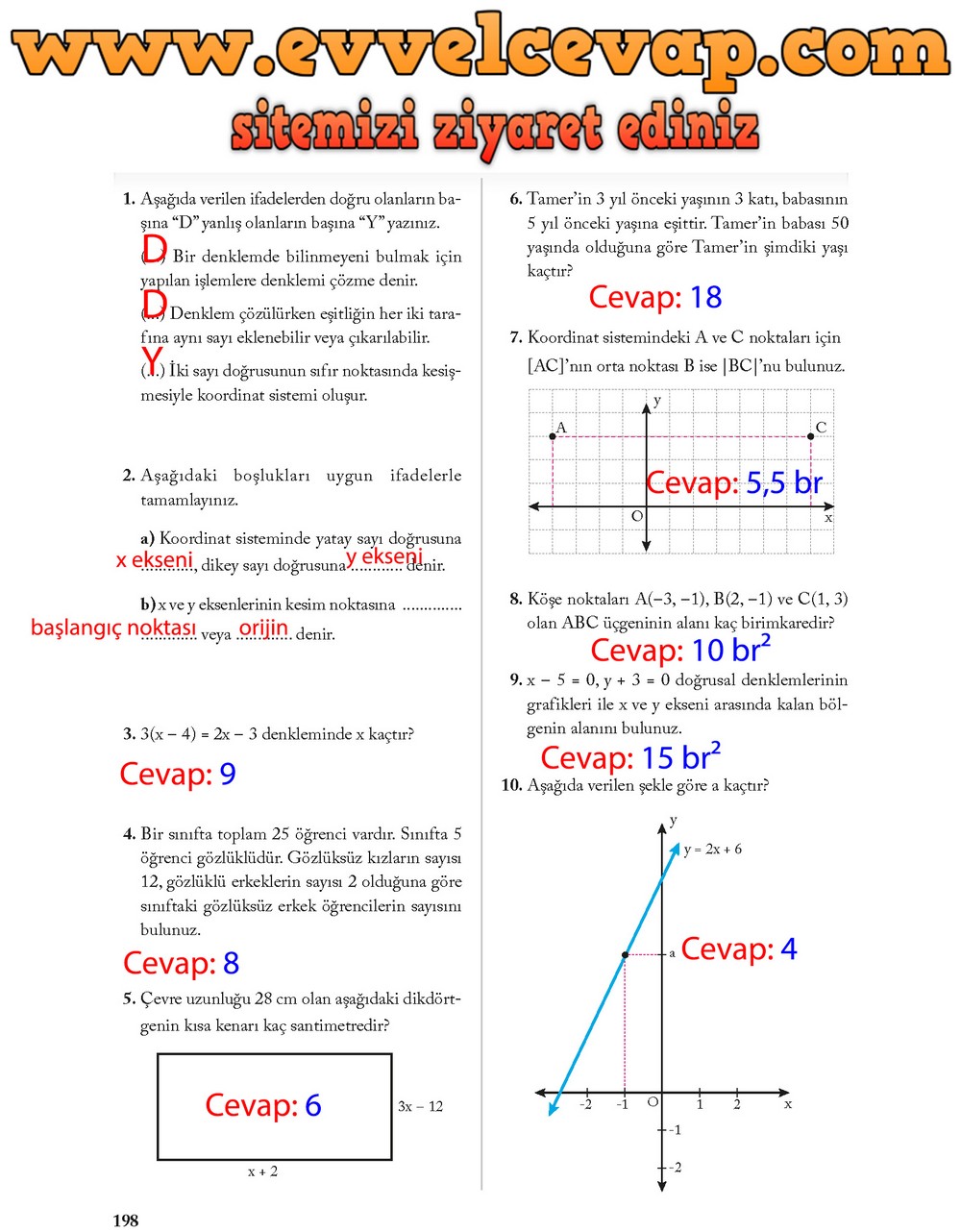 8. Sınıf Ekoyay Yayıncılık Matematik Ders Kitabı Sayfa 198 Cevabı