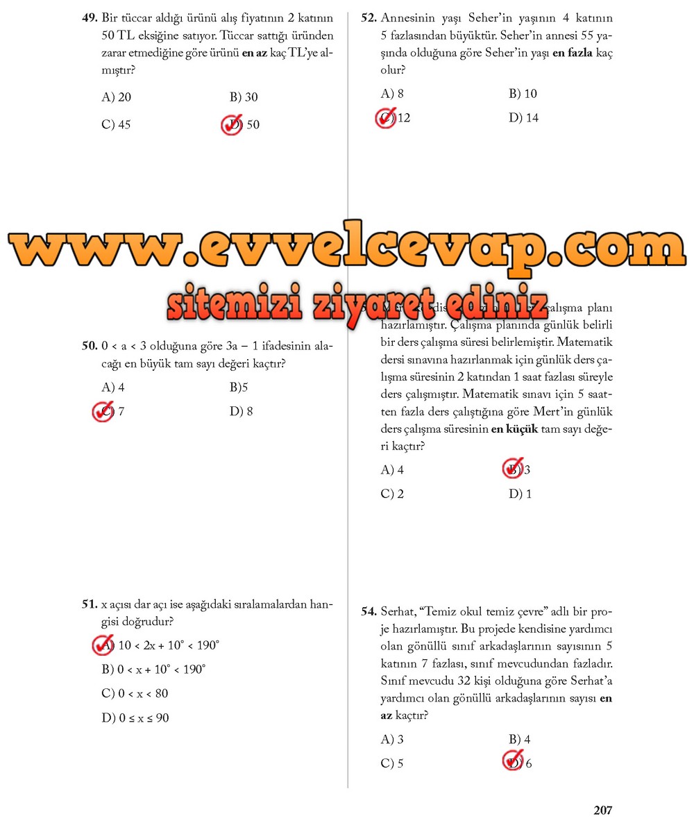 8. Sınıf Ekoyay Yayıncılık Matematik Ders Kitabı Sayfa 207 Cevabı
