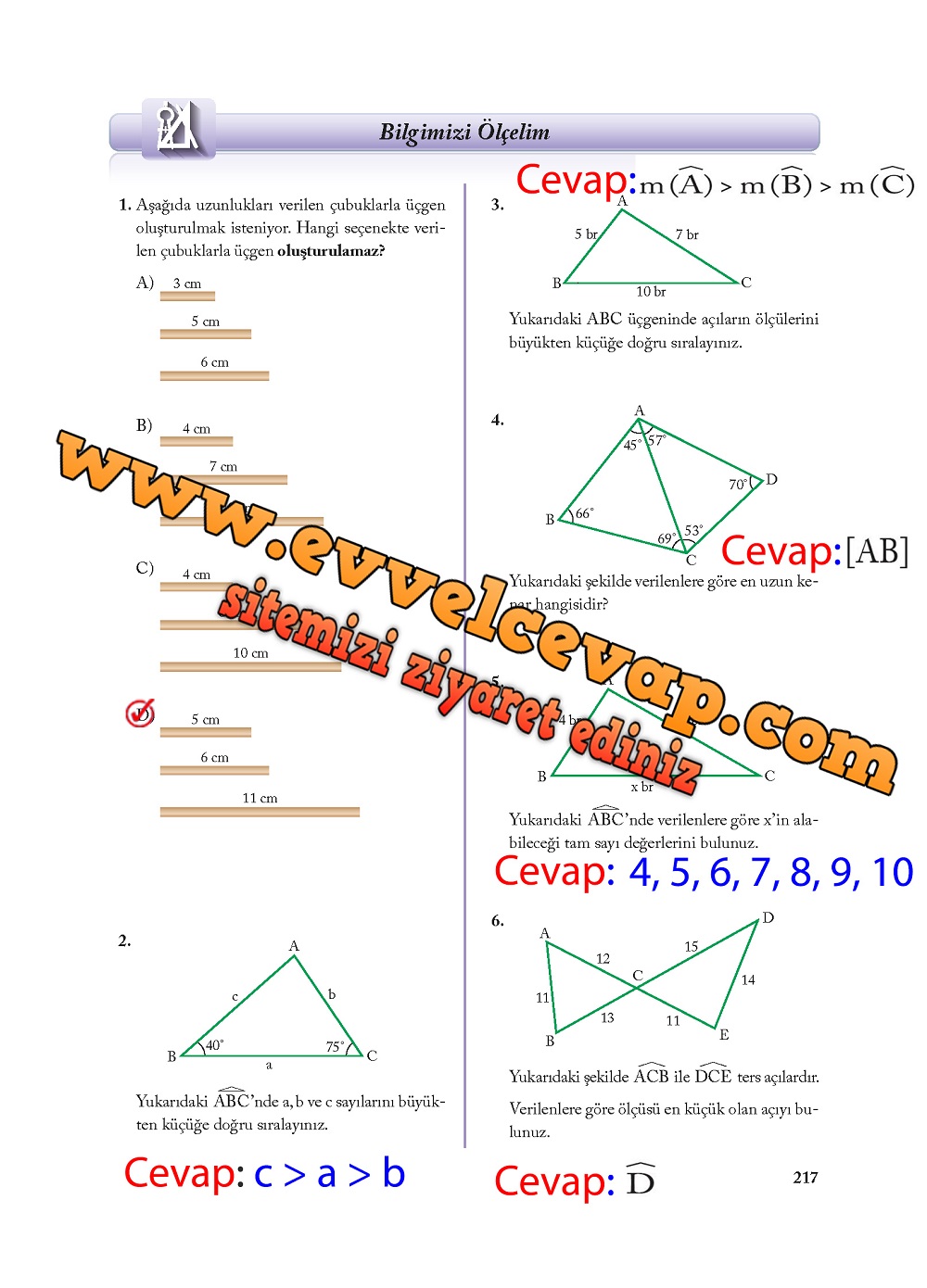8. Sınıf Ekoyay Yayıncılık Matematik Ders Kitabı Sayfa 217 Cevabı