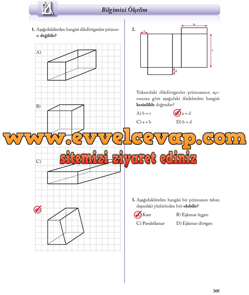 8. Sınıf Ekoyay Yayıncılık Matematik Ders Kitabı Sayfa 305 Cevabı