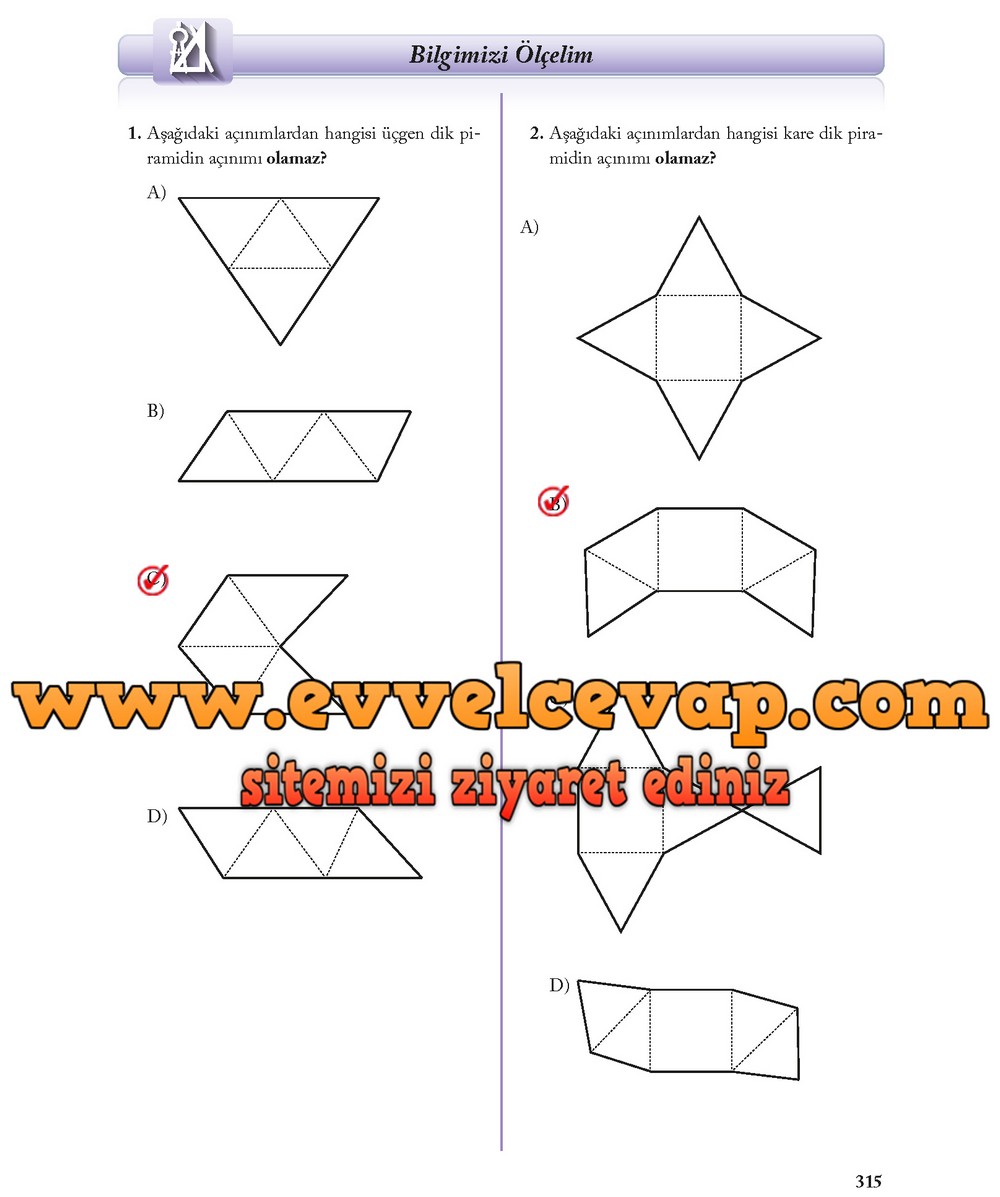 8. Sınıf Ekoyay Yayıncılık Matematik Ders Kitabı Sayfa 315 Cevabı