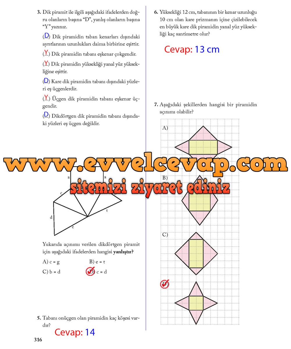 8. Sınıf Ekoyay Yayıncılık Matematik Ders Kitabı Sayfa 316 Cevabı