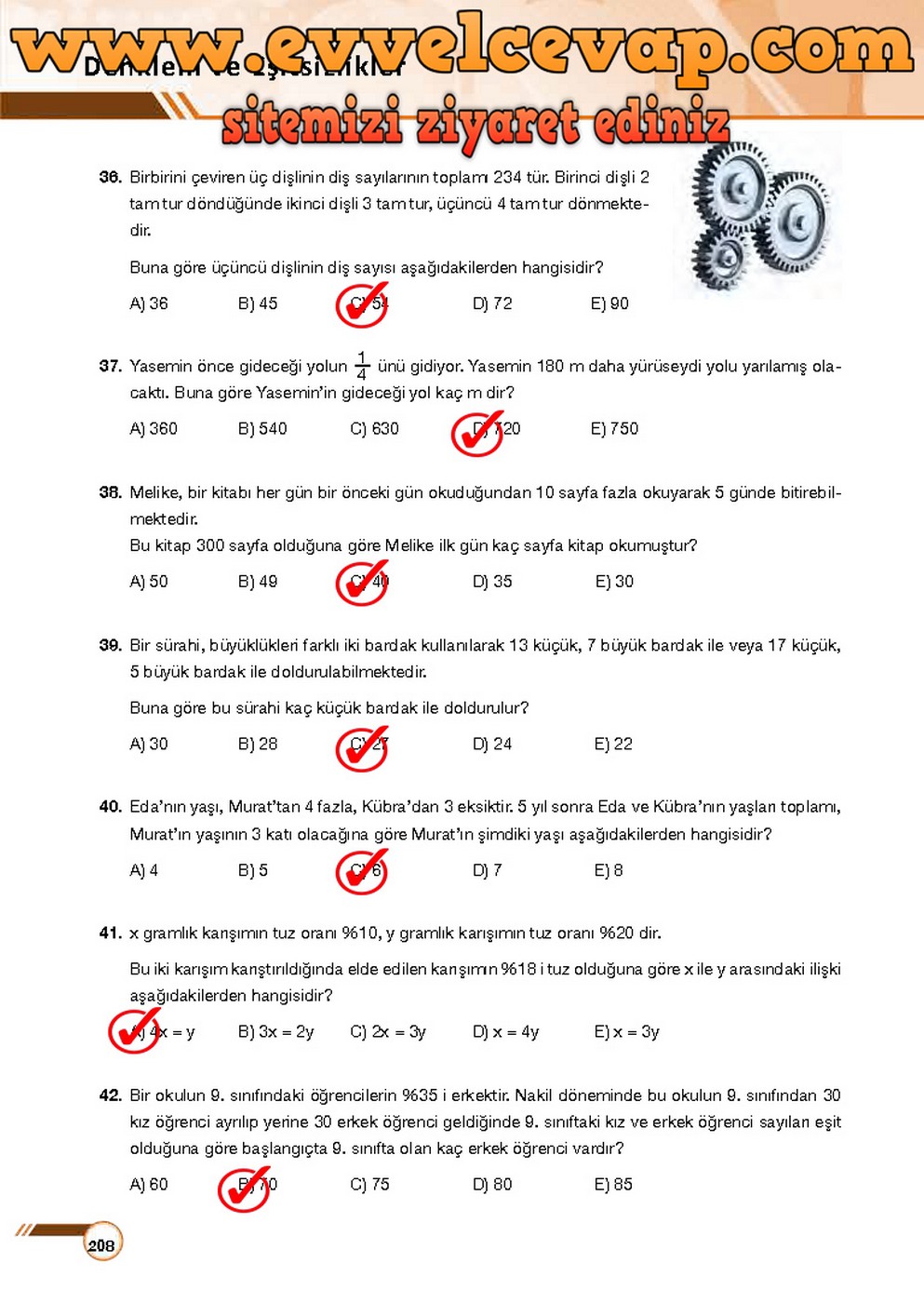 9. Sınıf Matematik Ders Kitabı Sayfa 208 Cevabı &Ouml;dev Yayınları