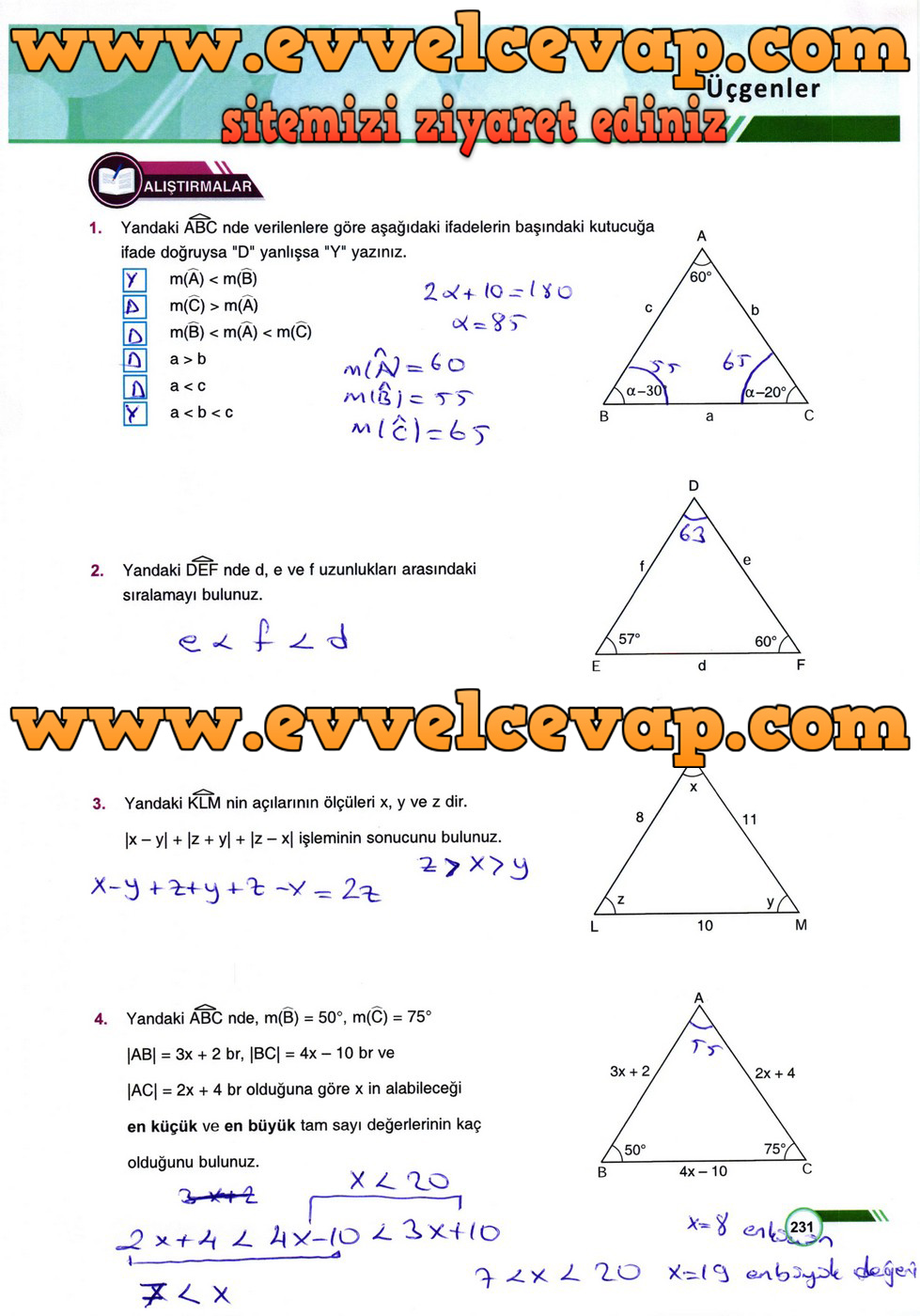 9. Sınıf Matematik Ders Kitabı Sayfa 231 Cevabı &Ouml;dev Yayınları