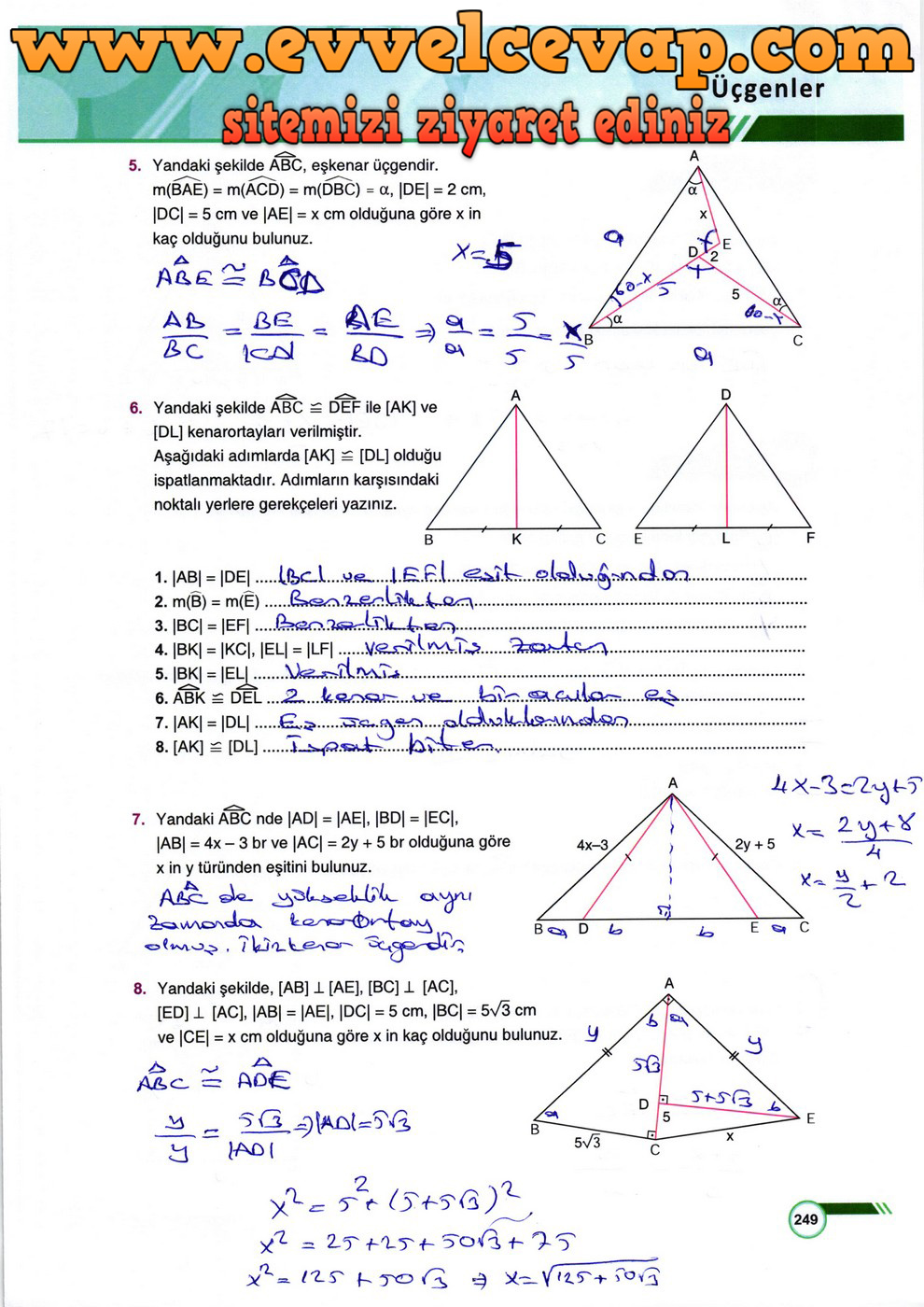 9. Sınıf Matematik Ders Kitabı Sayfa 249 Cevabı &Ouml;dev Yayınları