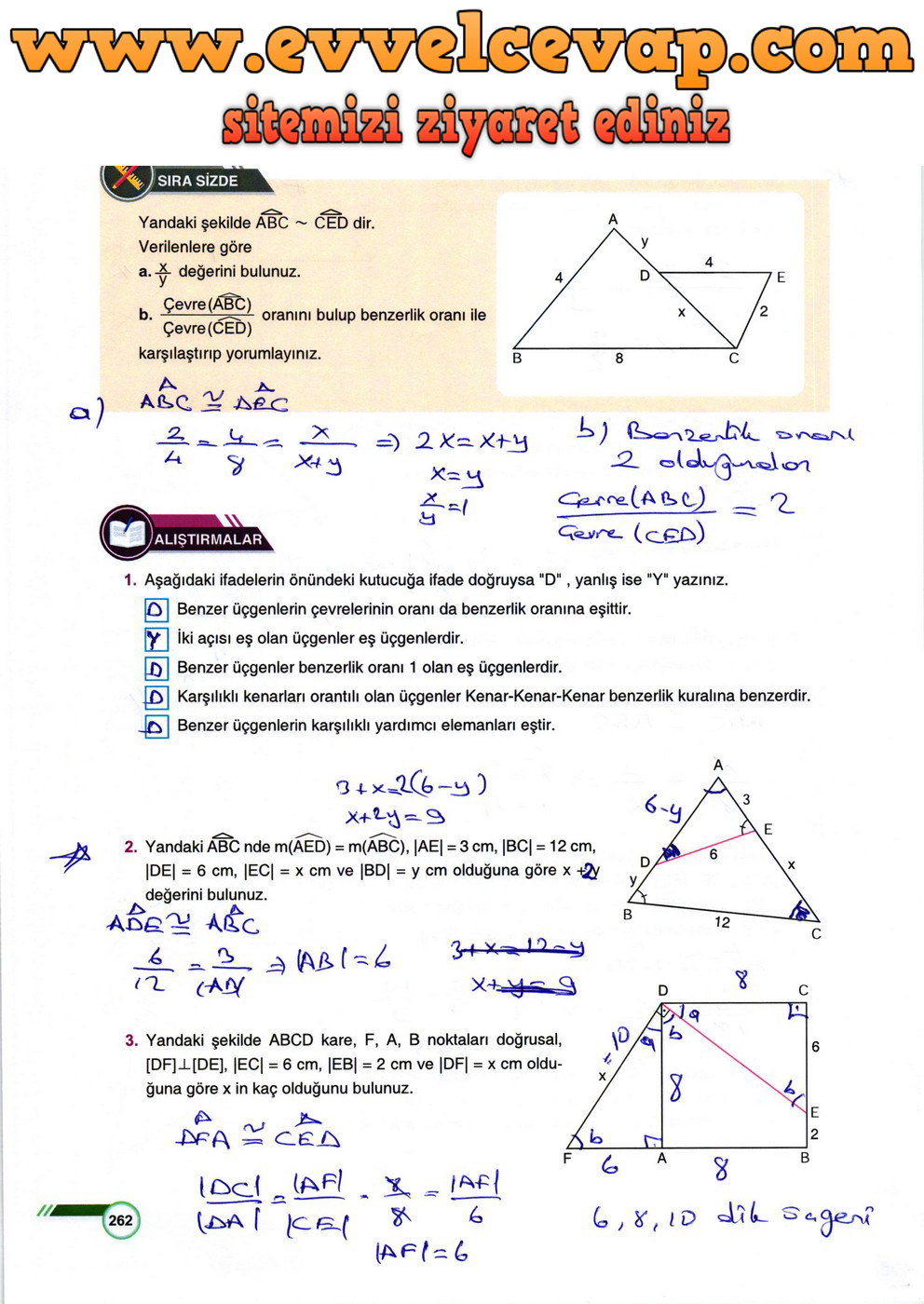 9. Sınıf Matematik Ders Kitabı Sayfa 262 Cevabı &Ouml;dev Yayınları